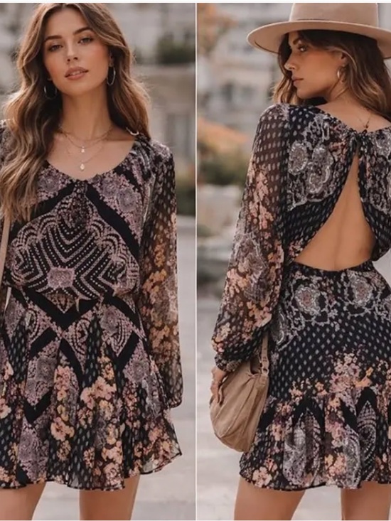 Free People Dresses & Skirts - NWT Free People Seven Wonders Black Combo Boho Open Back Mini Dress Small